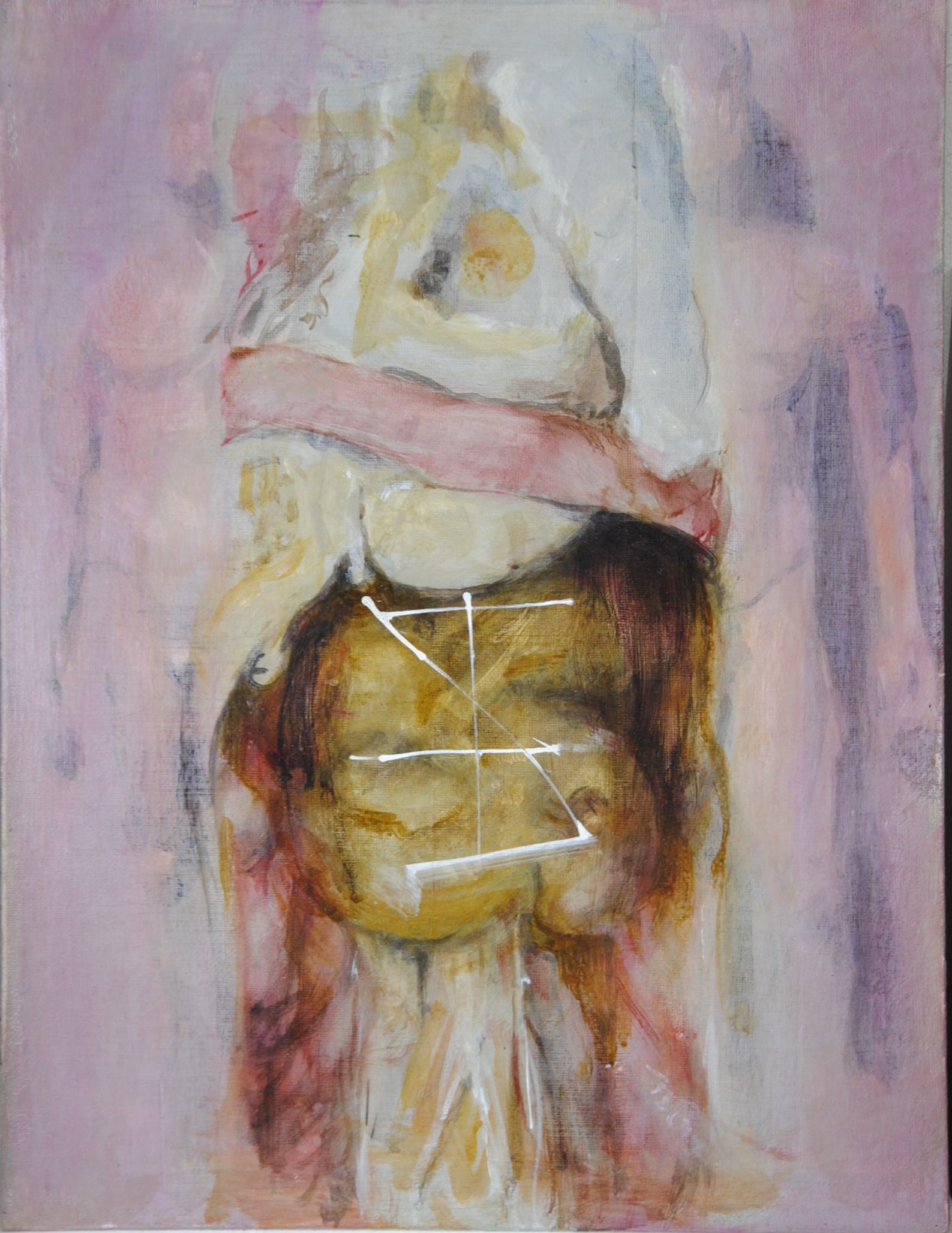 Abstract figuratief werk in roze, oker en wit